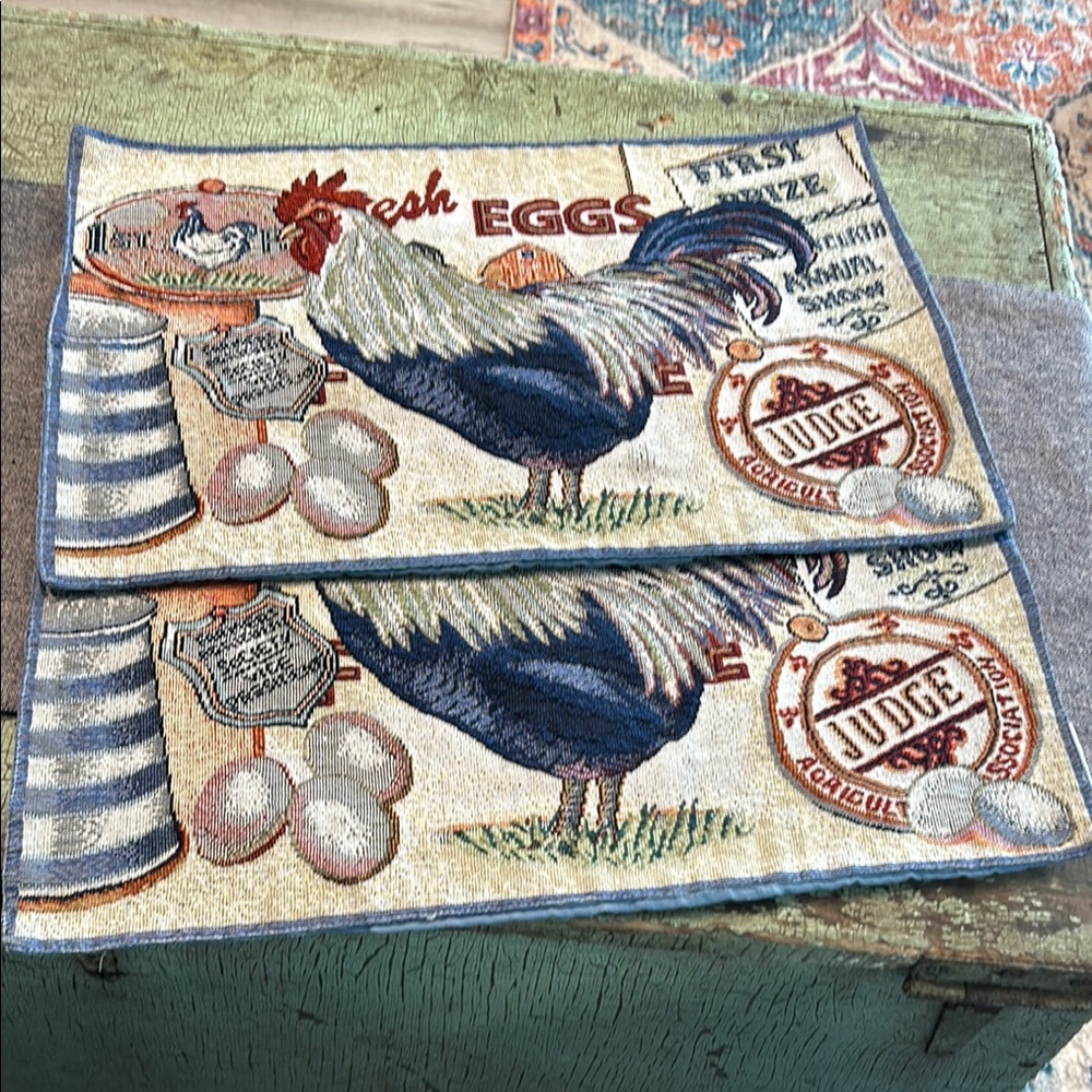 Farmhouse Rooster Tapestry Placemat decor COUNTRY FRESH EGGS Rooster Blue Ribbon